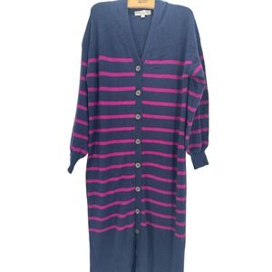 LOFT Navy Pink Stripe Long Cardigan Sweater Dress Size L